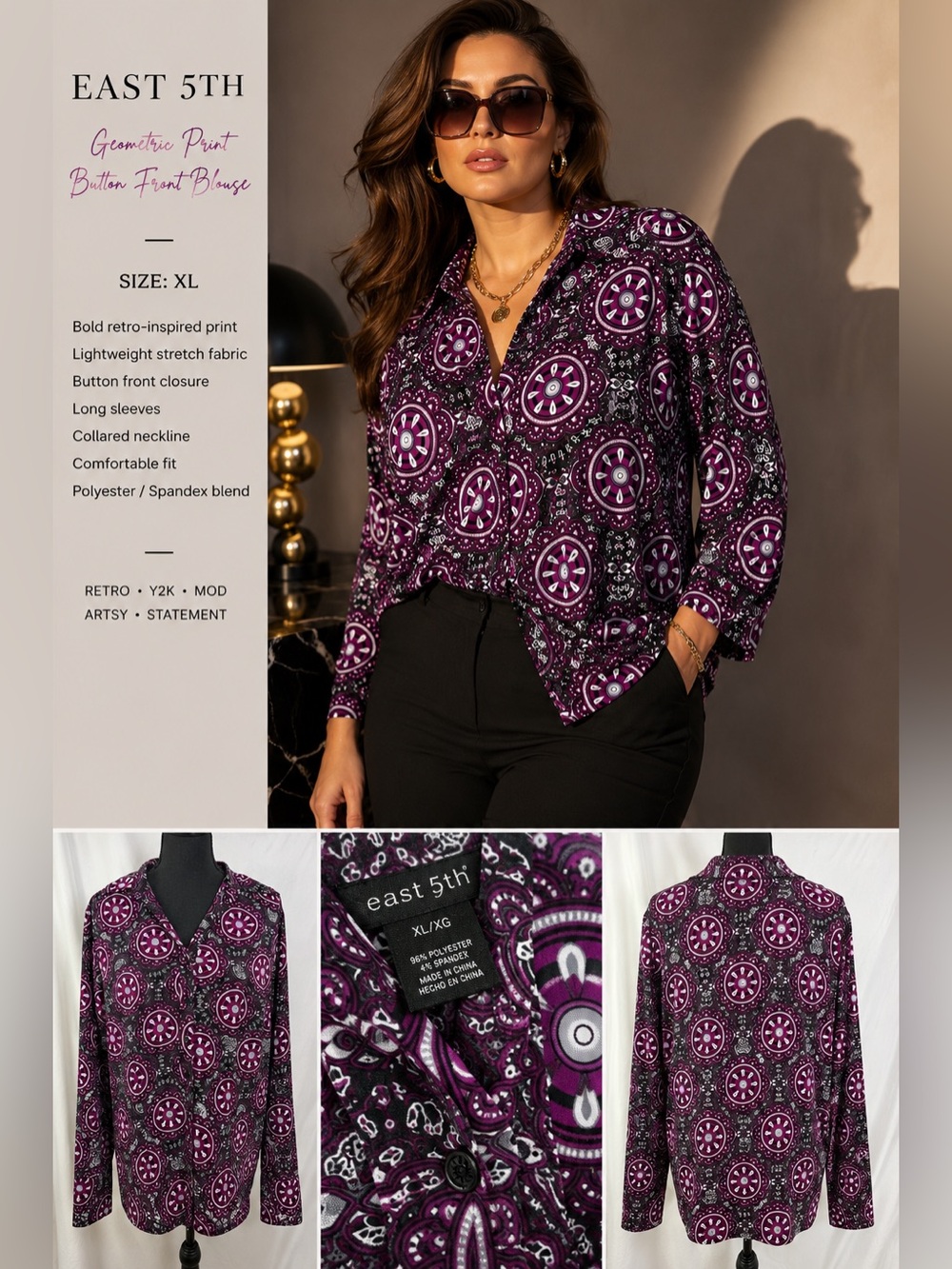 East 5th Purple Geometric Print Button Front Blouse XL Retro Y2K Top
